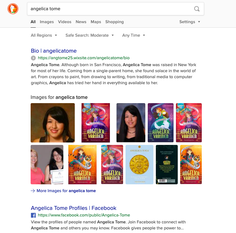 "Angelica Tome" search in Duck Duck Go