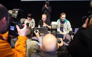 The founders of Pirate Bay, Gottfrid Svartholm Varg (middle) and Peter Sundin (right)